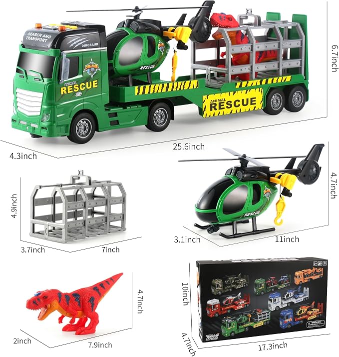 Dwi Dowellin Carrier Truck Kids Toys,25.6" Semi Truck Toy with Helicopter and Dinosaurs,Gifts for Age 3 4 5 6+ Years Old Boys Girls