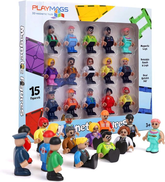 Playmags Magnetic Figures Community Set of 15 Pieces - 2 Inches Play People Perfect for Magnetic Tiles Building Blocks - STEM Learning Toys Children – Magnet Tiles Expansion Accessories Pack