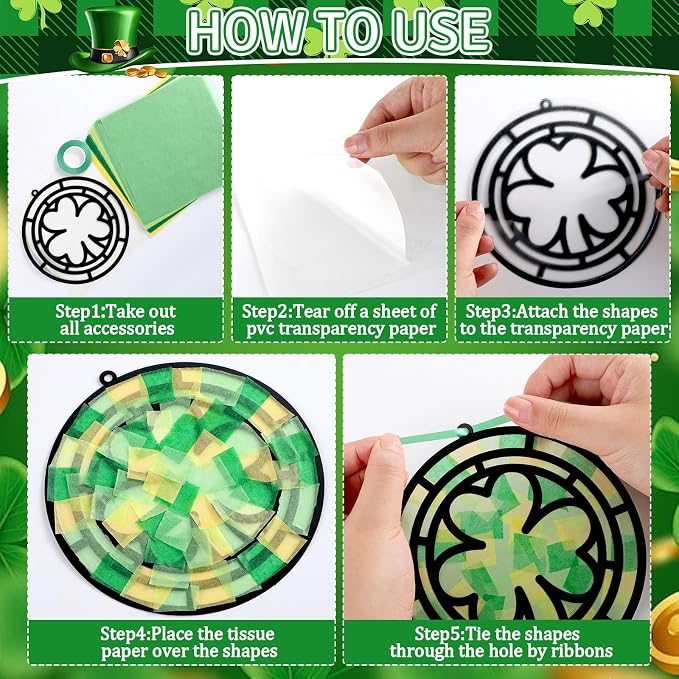 Qyeahkj 36 Set St. Patrick's Day Suncatchers Crafts for DIY Shamrock Window Tissue Paper Craft Kit Hanging Decor for St. Patrick's Day Home Activity Art Project Birthday Party Favor