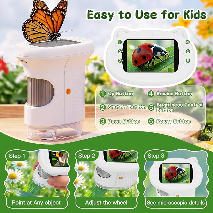 SEEKID Kids Microscope,1000X Handheld Digital Microscope (White) | 2.4" IPS Screen | Rechargeable Handheld | 8 LED Lights | STEM Toy for Exploring Science | Ages 5–12