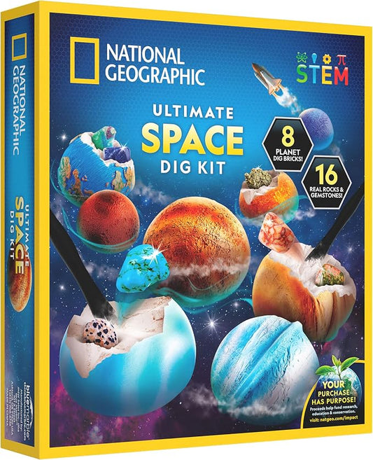 National Geographic Space Gemstone Dig Kit with 16 Real Specimens | 8 Planet-Shaped Dig Bricks, 16 Rocks and Gemstones, Excavation Activity, Space Science, Gem Mining, Birthday Gift