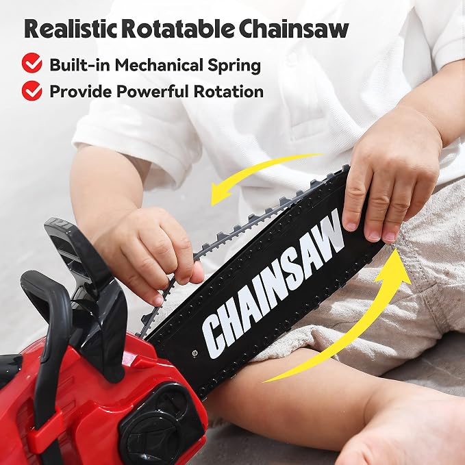 Toy Choi's Toy Chainsaw with Realistic Sound，Kids Gardening Tool Play Set | Rotatable Safe Chain, Sturdy Plastic Kids Chainsaw for Boys Girls Ages 3 4 5 6 7 8 with Toy Tool Set, Yard Pretend Play Gift