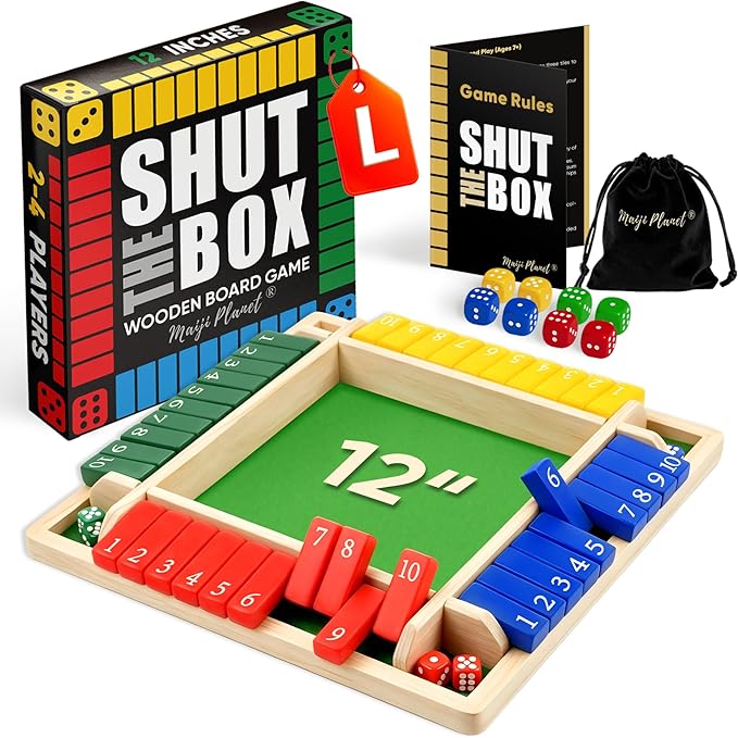 12" Upgraded Shut The Box Game Wooden Math Dice Board Game 2-4 Players | Table Games for Family Night Classroom Travel, Gifts for Group Kid Adult Senior, Camp Party Bar, Easy Quick and Fun