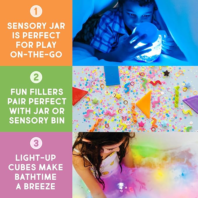 Glo Pals Play Pack Bundle, Jar, Light Up Cubes & Fillers, Cookie Monster | Sesame Street Character Water-Activated Bath Toy Cubes Glow Blue, Light-Up Sensory Jar, Themed Fun Fillers