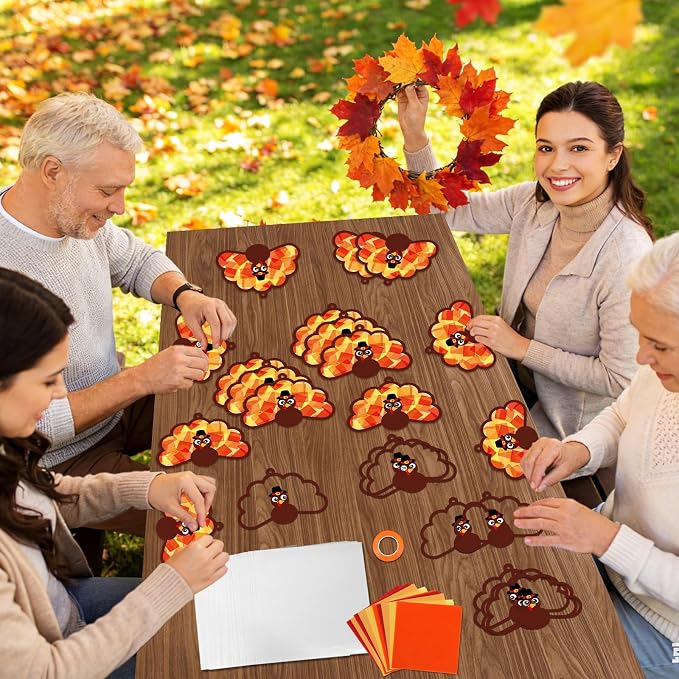 Qyeahkj 36 Set Thanksgiving Turkey Suncatchers Crafts for DIY Fall Window Tissue Paper Craft Kit Autumn Hanging Decor for Harvest Home Activity Art Project Birthday Party Favor Gift