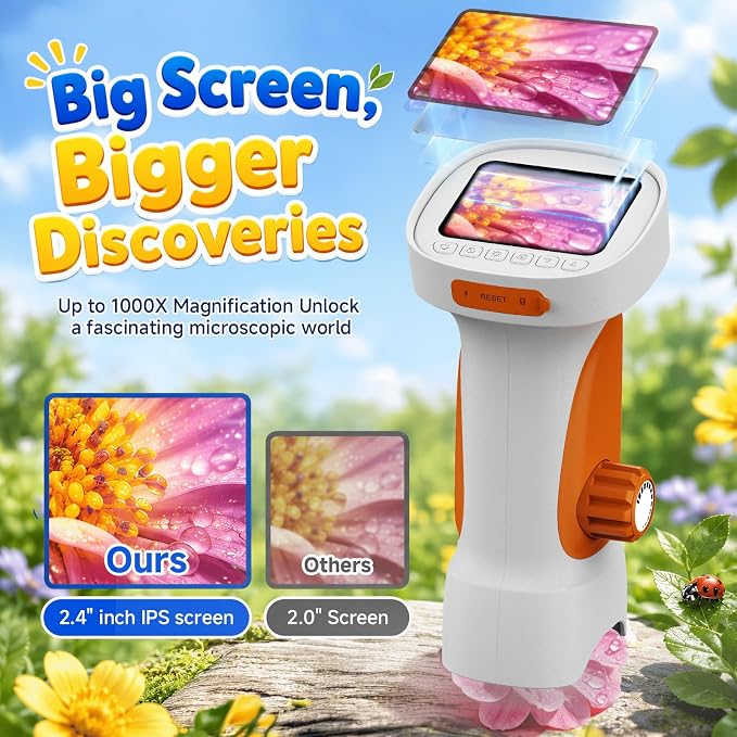 1000X Handheld Digital Microscope for Kids: Explorer 1080P Magnifying Glass | 2.4” IPS Portable Electronic STEM Outdoor Montessori Learning Toy, Birthday Gifts for 4 5 6 7 8-12 Year Old Boys Girls