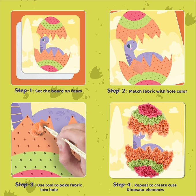 jackinthebox Poke Art Dinosaurs Crafts Kit for Kids, Boys & Girls, Ages 4-8 | 1400 fabric pieces, punch dot activities, learning ideas, travel toys, birthday gifts, age 4 5 6 7 8 yr old, flower pressing