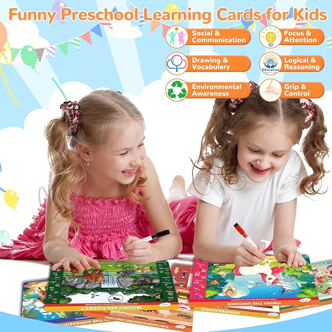 Search and Find Activity Book for Kids Ages 3-5, 28 Reusable Learning Activities with 14 Double-Sided Dry Erase Mats, Preschool Busy Book, Road Trip Travel Toy, Screen-Free Educational Gift