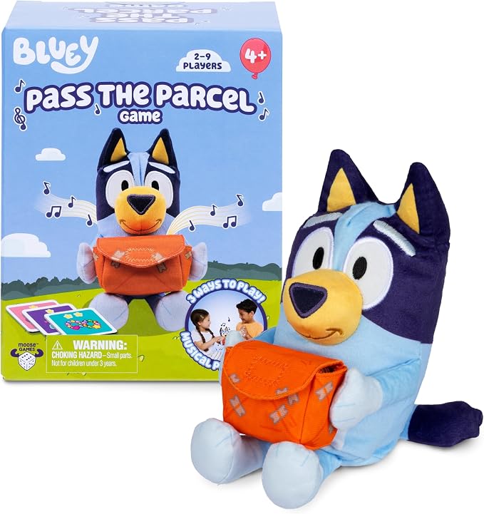 Bluey Pass the Parcel Musical Game, Soft 8" (20cm) Plush, Game for Kids | Huggable fun family game, children's party game or preschool game, three interactive kids games to play, including hot botato
