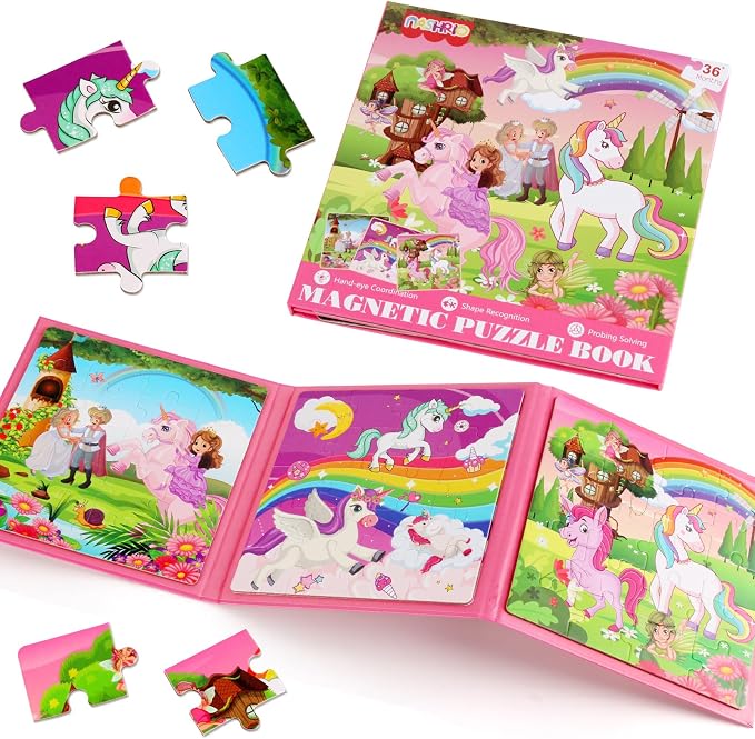 Magnetic Puzzles for Kids Ages 4-6, 20-Piece Preschooler Travel Toys Unicorn Princess Puzzles Ages 3-5, Educational Learning Magnets, Ideal Road Trip Activities Toys for 3 4 5 6 Boys and Girls