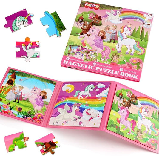 Magnetic Puzzles for Kids Ages 4-6, 20-Piece Preschooler Travel Toys Unicorn Princess Puzzles Ages 3-5, Educational Learning Magnets, Ideal Road Trip Activities Toys for 3 4 5 6 Boys and Girls