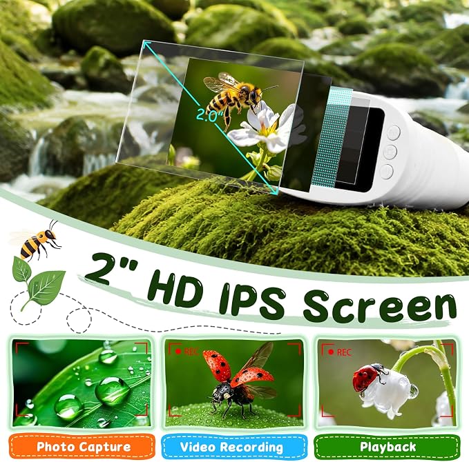 SEEKID Microscope for Kids 200-1000X, STEM Toy Science Kit for Kid(White) | Handheld Digital Microscope, 2" IPS Screen, 4K HD Camera 200+ Photo Storage for Girls Boys Child Birthday Gifts