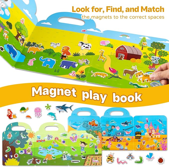 pinkking 3 Sets Magnetic Reusable Sticker Book for Toddler, Animals/Ocean Animals/Insect Theme Activity Magnet Book for 3 4 5 Years Boys Girls Road Trip Airplane Train Travel Essentials Toy
