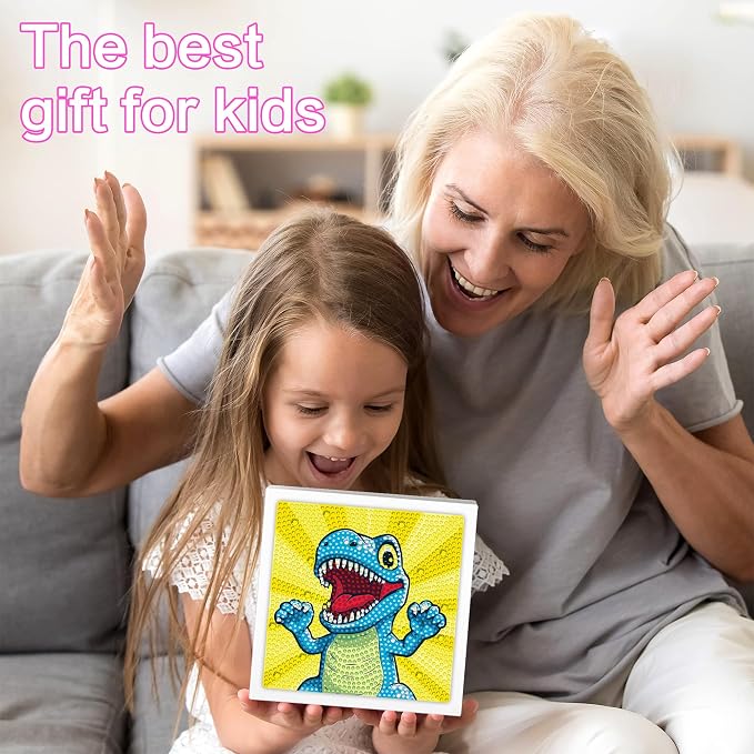 Reofrey Diamond Art Kits for Kids with Frame, DIY Dinosaur Animal Diamond Painting Kits, Arts Crafts Gift for Girls & Boys Ages 4,5,6,7,8,9,10,11,12, Creative Educational Toy for Beginners (7x7 Inch)