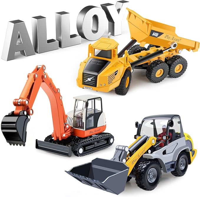 iPlay, iLearn Heavy Duty Construction Site Playset, Metal Dump Truck Digger | Kids Diecast Excavator Backhoe Tractor Bulldozer Vehicle, Outdoor Sandbox Beach Toy, Birthday Gift 3 4 5 Year Old Boy Toddler