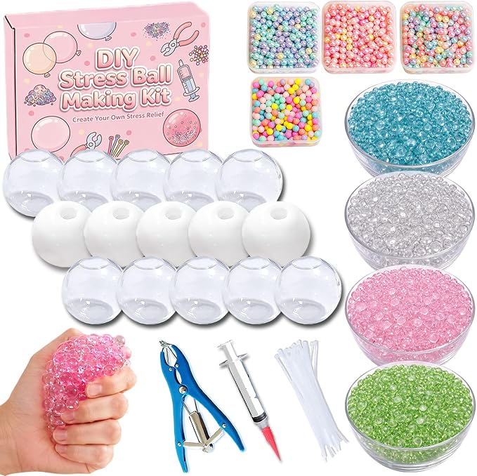 DIY Stress Ball Making Kit, Squishy Maker Kit with 15 TPR Ball Skins, 8 Types of Fillers, Air Pump Vacuum Tool & 20 Cable Ties, Make Your Own Squishies for ASMR Anxiety Relief Sensory Fidget Toys