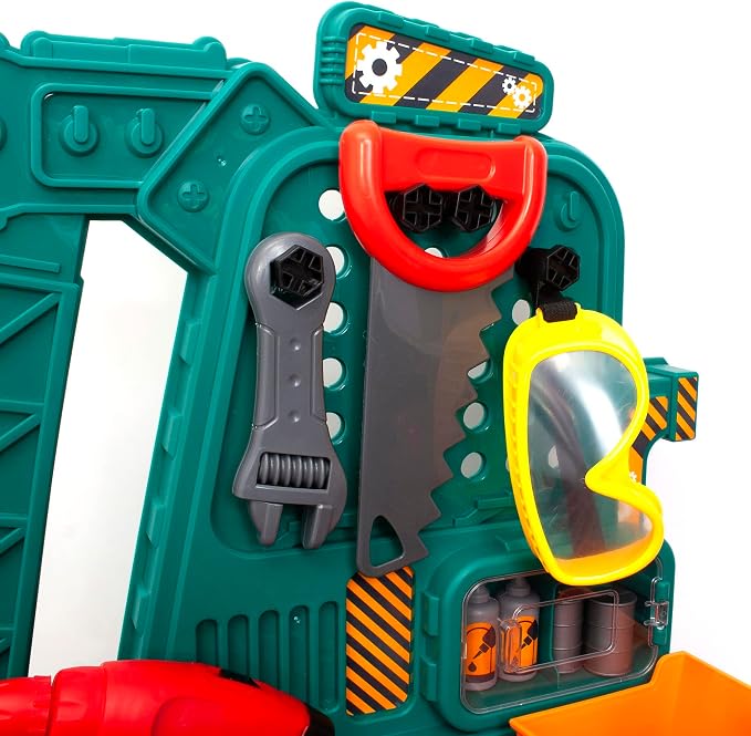 Amazon Basics Kids Workbench Construction Toy, Pretend Play Tool Set with 80 Pieces, Educational Interactive Playset, Play Helmet & Safety Goggles, for Ages 3 and Up, Multicolor, Medium