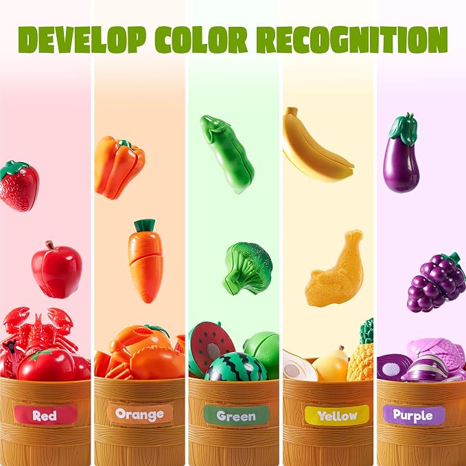 JOYIN Learning Toys Play Food Set for Kids, Cutting Food for Preschool Activities, Play Kitchen Accessories, Educational Toys, Color Sorting Set for Boys & Girls, Back to School Gifts for Kids