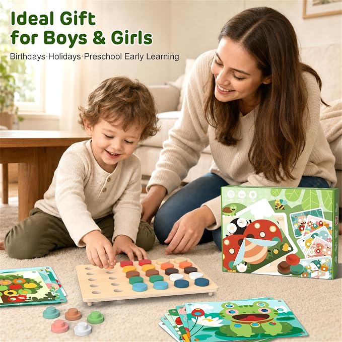 Montessori Wooden Button Art Learning Toy for Toddlers 1 2 3+ Year Old | Color Matching Board with 16 Animal Pattern Cards & 30 Wood Pegs, Educational Fine Motor Skills Activity for Preschool Kids
