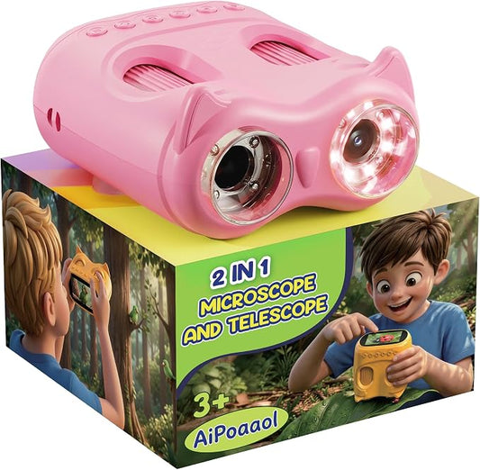 1000X Digital Microscope for Kid Handheld: 2-in-1 Telescope Portable STEM Toy - Birthday Gift for Boy Girl - Science Kits 10X Magnifying Glass for Age 3-8 8-12 USB Gadget Pink