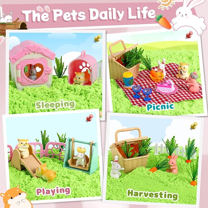 KNASON Rabbit and Hamster Sensory Bin, Play Sand Kit for Girls and Boys | 2.2lbs Sensory Play Sand, Sandbox with Lid, Rabbit and Hamster Figures, Tree House, Role Pretend Play Toy Gift for Kids