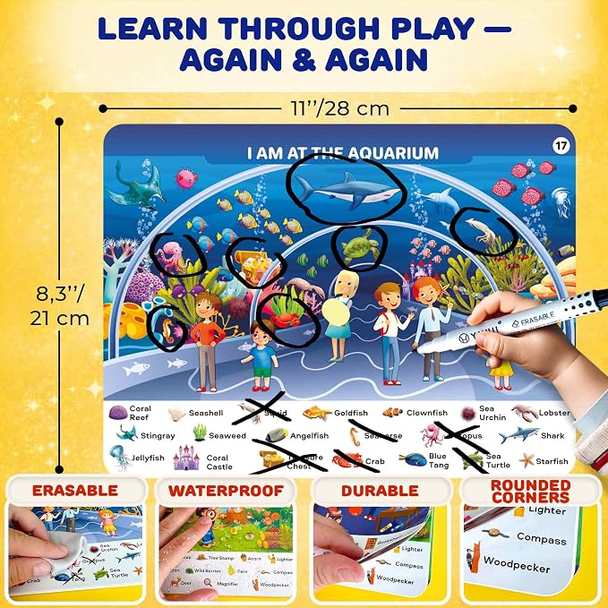 Busy Book for Toddlers 3-5 - Reusable Dry Erase Workbooks for Kids 4-6 | Places I Visit Search and Find Activity Book with Markers - Workbook for Travel and Quiet Time Learning