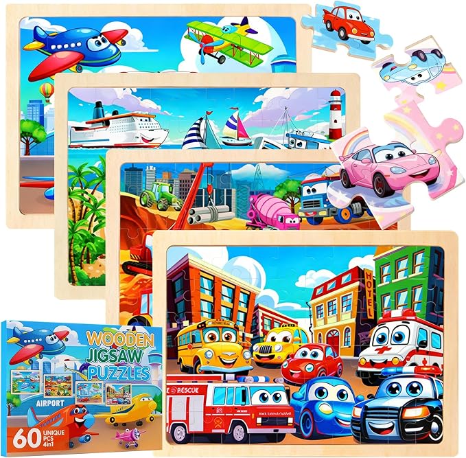 Wooden Puzzles for Kids, Jigsaw Puzzles, Vehicle Theme Educational Gifts | 100% Wooden