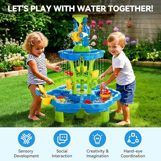 HeySplash Water Table for Toddlers 3-Tier with Toy Accessories | Kids Water and Sand Activity Sensory Playset, Sand Table Summer Splash Sensory Table for Outdoor Beach Backyard Garden, Blue