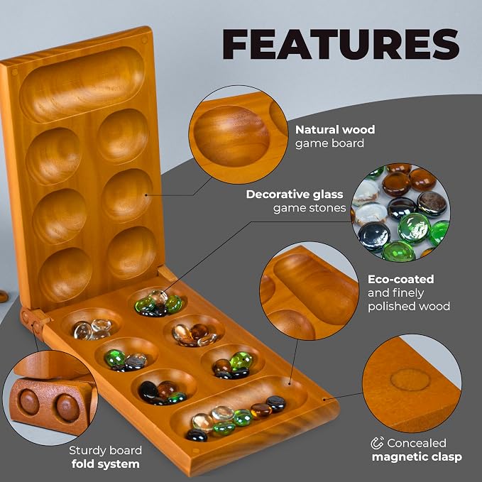 Mancala Board Game for Kids and Adults – Wooden Folding Mancala Set with Magnetic Lock and 56 Stones – Classic Strategy Board Game Travel Size