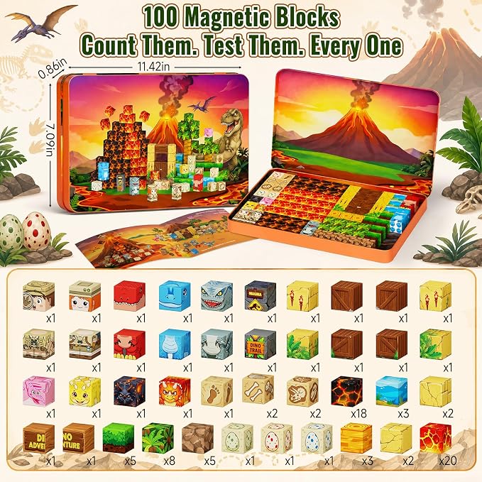 burgkidz Dinosaur Volcano Magnetic Blocks: 675g Portable Tin Case, N32 Strong Magnets, 4-Scene Storybook – Quiet STEM Travel Toy for Road Trip & Airplane, 100 PCS Building Set, Gift for Kids Ages 3-8