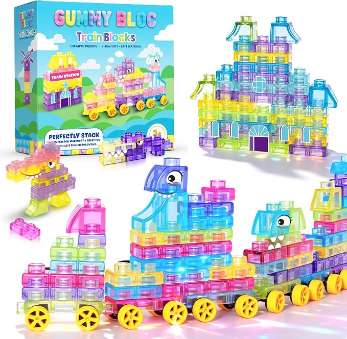 42PCS Soft Train Sensory Building Blocks with Wheels,Squishy Stacking Toy | Preschool Educational Creative Play, Montessori Squeezable, Stretchable Early Learning Construction Playset, Puzzle Blocks