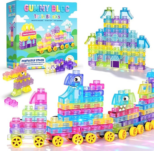 42PCS Soft Train Sensory Building Blocks with Wheels,Squishy Stacking Toy | Preschool Educational Creative Play, Montessori Squeezable, Stretchable Early Learning Construction Playset, Puzzle Blocks