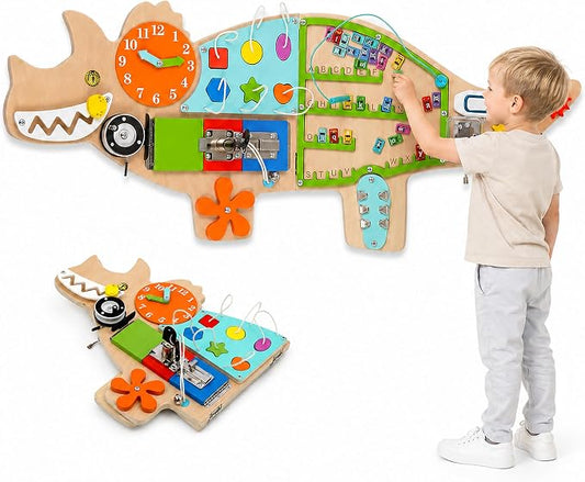 FIIOEOY Dinosaur Wall Busy Board,11-in-1 Montessori Wall Activity Board | Foldable Wooden Sensory Wall Panel for Kids, Wall-Mounted Busy Board, Perfect for Playroom, Daycare, Waiting Room & Nursery