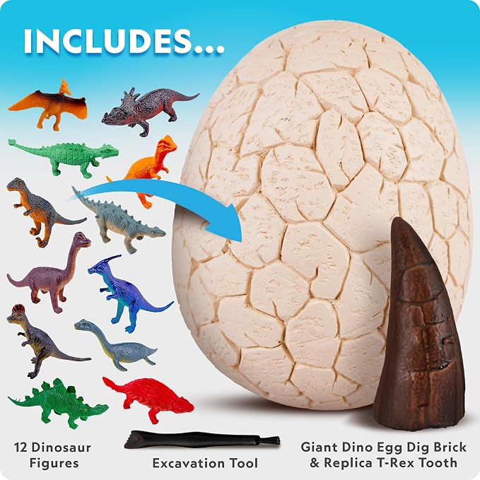 National Geographic Jumbo Dinosaur Egg Dig Kit with 12 Dino Figures | Giant 6-Inch Egg, 12 Dinosaur Figures, Replica T. Rex Tooth, Excavation Tools, Dino Dig Activity, Birthday Gift