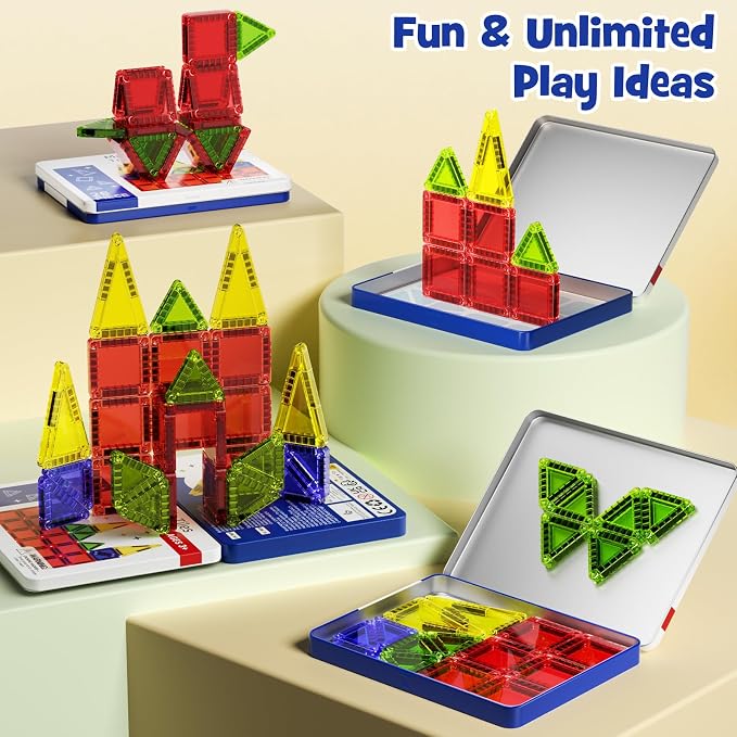 Mini Magnetic Tiles Travel Set 60 Mins Quiet Play 30s Cleanup | 26PCS Compact Magnetic Building Blocks for Kids Ages 3-8-Road Trip Essentials