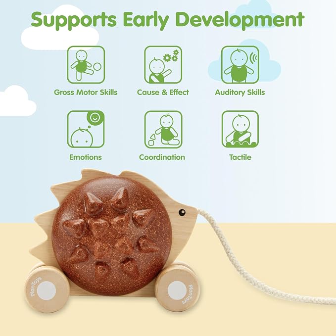PlanToys® Wooden Pull Along Hedgehog Montessori Toddler Walking Kids Set | rolling wheels, toddler pull toys, sound design, girls, boys, gross motor balance & coordination learning gift for kids