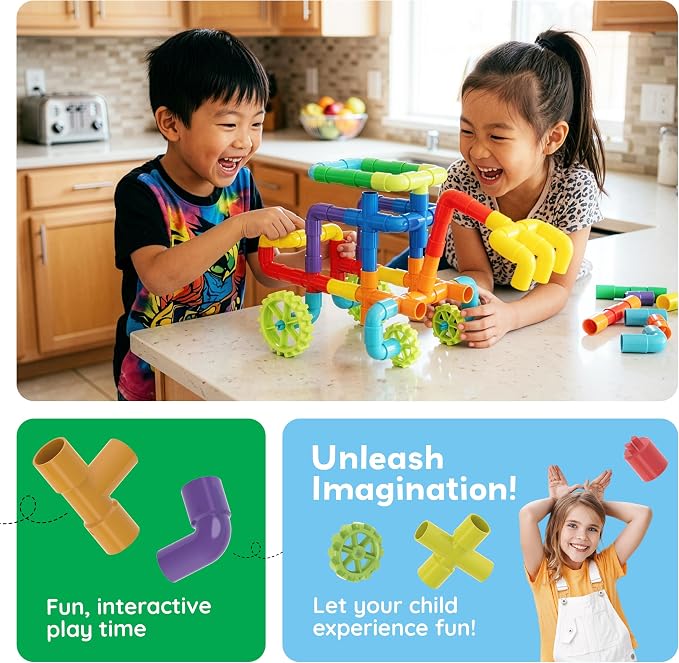 PicassoTiles 76PC STEM Pipe Building Interlocking Tube Construction Toy with Wheels and Storage Backpack Creative Educational Brain Development Learning Blocks for Kids Ages 3+ Boys and Girls PTT138