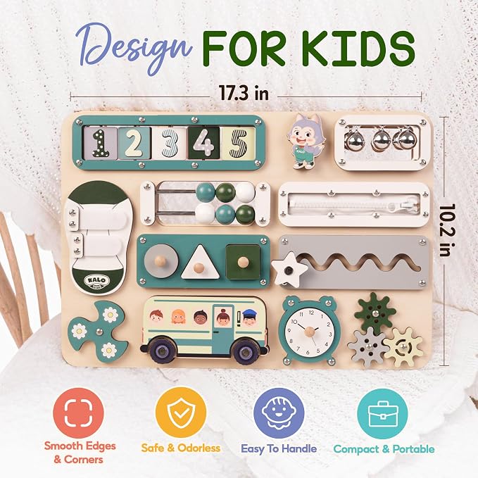 Large Montessori Busy Board for Baby & Toddlers 1-3 — 17-Inch Wooden Sensory Activity Board — Fine Motor Skills & Early Learning Educational Toy for 1 2 3 Year Old, Travel Friendly & Safe