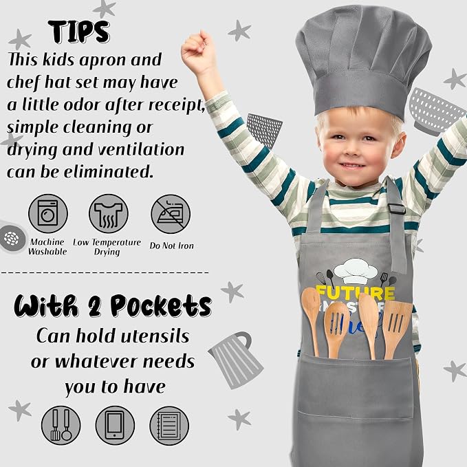 R HORSE 2 Pieces Kid Apron and Chef Hat Set, Dress up Role Play Chef Toy | Gray Future Master Chef Adjustable Children Kitchen Apron Set, Ideal for Cooking, Baking, Painting, Cooking Birthday Gift