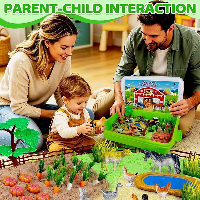 Sensory Bin, Sandbox Toys Play Sand Art Kit for Kids Toddlers 3 4 5 6 7 8 | Farm Sensory Toys with Sandbox & Farm Animals & Tractor Playset, Indoor Outdoor Beach Toys for Kids Christmas Birthday Gifts