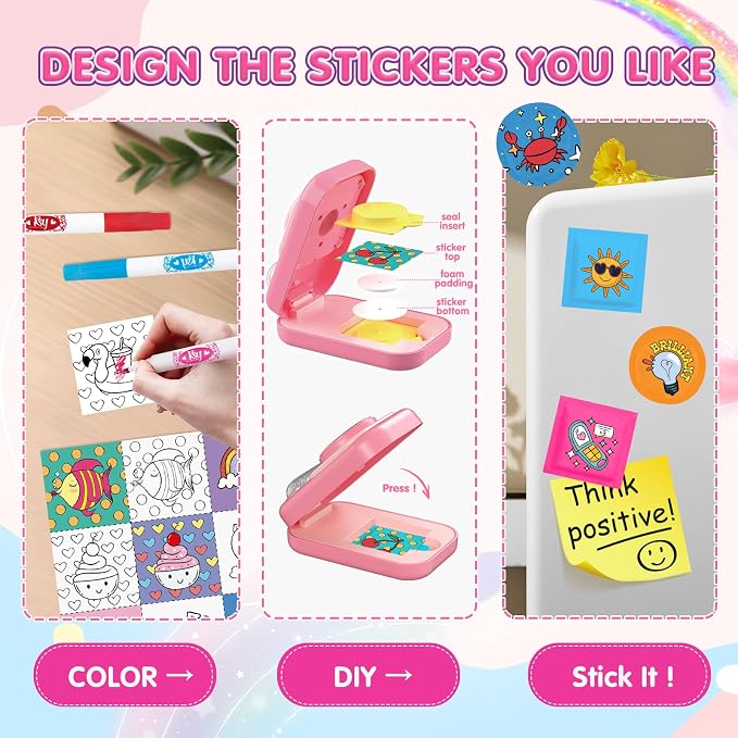 Puffy Sticker Maker Machine for Kids Ages 6-10, 90-Piece 3D Craft Kit | Make Your Own Puffy 3D Stickers in 3 Easy Steps—90 Designs, Unicorn Press Machine, Screen-Free Craft Kit for Boys & Girls