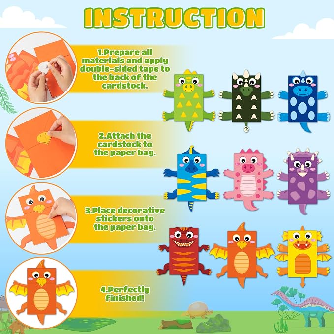 WATINC Hand Puppet Making Kit, Paper Sock Puppet Toys for Kids (Dinosaur) | 9 Styles, Make Your Own Storytelling & Role Play Crafts, Creative Group Activity, Party Favors & Gifts for Kids Ages 4-8