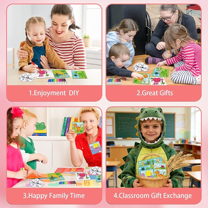 Fennoral 12 Pack Dinosaur Craft Kit for Kids Classroom Color Your Own Dinosaur Jigsaw Puzzles with Card DIY Coloring Dinosaur Craft Kit Art Activities Birthday Gifts Party Favor Supplies