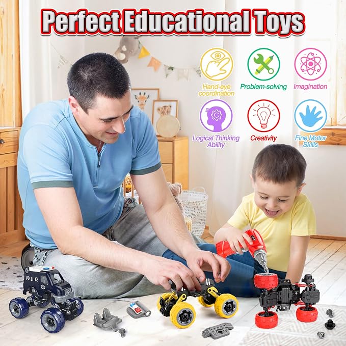 LUDILO Take Apart Toys for 6 Year Old Boy Gifts Kids Boy Toys Age 4-6-8 | 4PCS City Bus Ambulance Police Car Toy Fire Truck/Stem Assembly Electric Drill/Bday Gifts Toys for 3 4 5 6 7 Year Old Boys