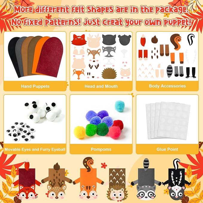 WATINC Hand Puppet Making Kit, Felt Sock Puppet Toys for Kids (Woodland A) | 6 Styles, Make Your Own Storytelling & Role Play Crafts, Creative Group Activity, Party Favors & Gifts for Kids Ages 4-8