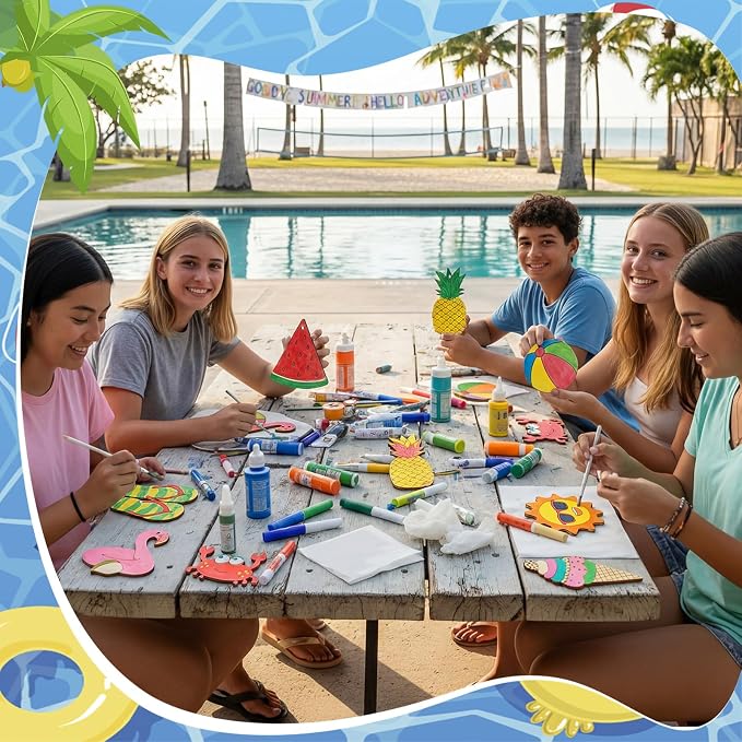 Saypacck 24 Pcs Summer Beach Party Favors Wooden Paint Craft Kits | Hawaiian Theme Kids Crafts, Includes Paints Brushes Organza Bags, Goodie Fillers for Preschool Birthday Gifts