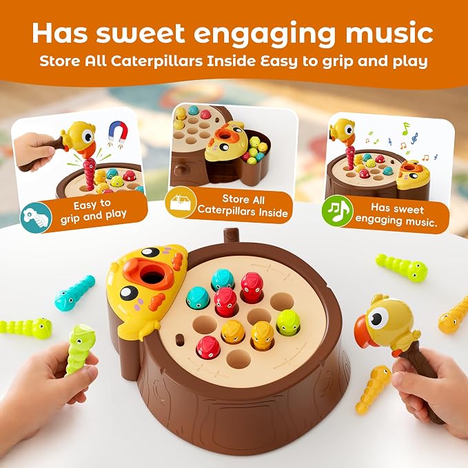 Magnetic Bird Feeding Game, Fine Motor Skills Ages 3-5 Birthday Girls Gift | Woodpecker Worm Catching Game, Montessori Educational Toy, 2 Speeds with Music, Safe Materials Ideal Gift for Toddlers 3-5