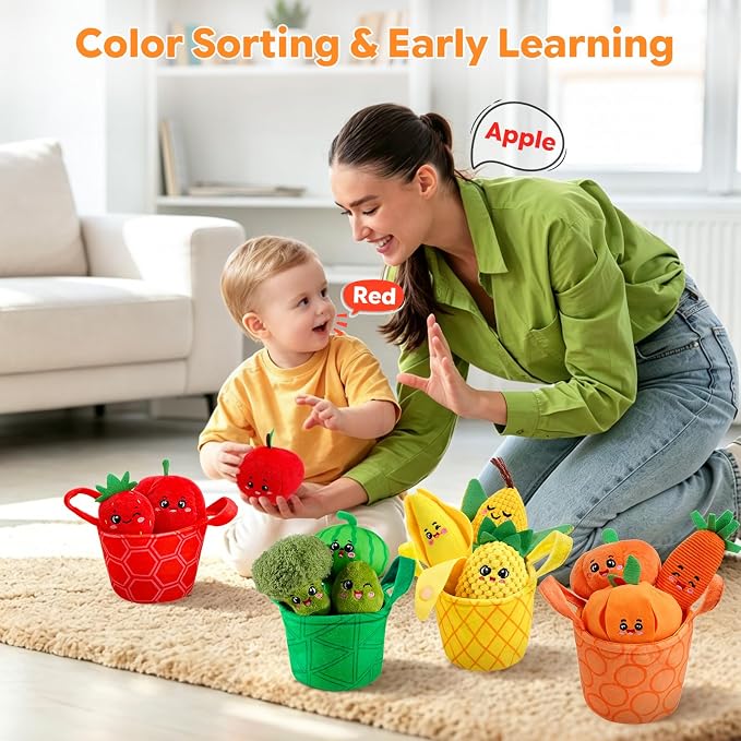HumorPlay Montessori Baby Toys 6-12-18 Months, 12PCS Soft Fruit & Vegetable Sensory Toy Set & 4 Color Sorting Baskets, Fine Motor Skill Educational Toys for 1 Year Old Boy Girl Birthday Gifts