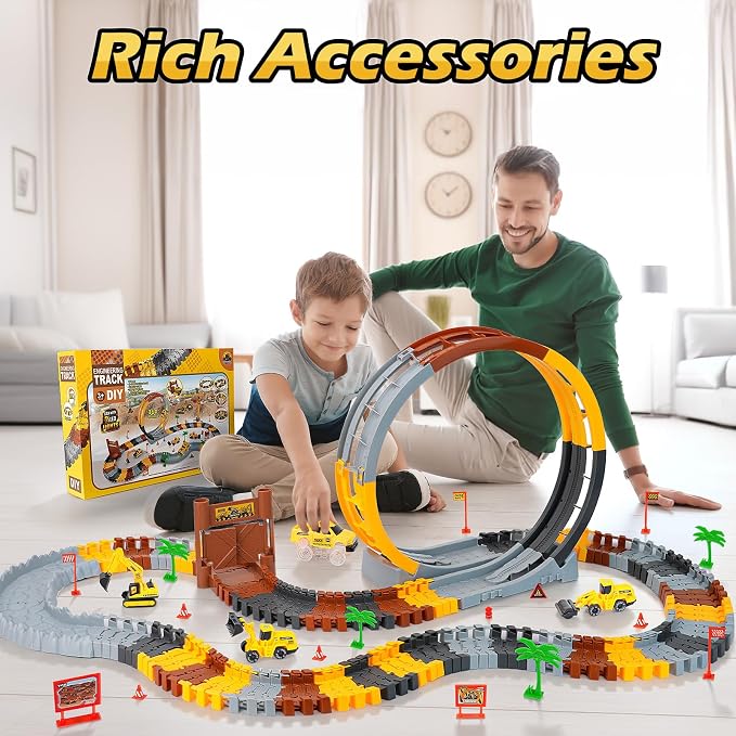 Coroiesty 157 PCS Construction Race Tracks for Kids with 360° Loop Ramp | Glow in The Dark Magic Toy Set, 1 Light Up Car, 3 Construction Cars, Flexible DIY Track Set, Gift for 3-9 Year Old Boys Girls