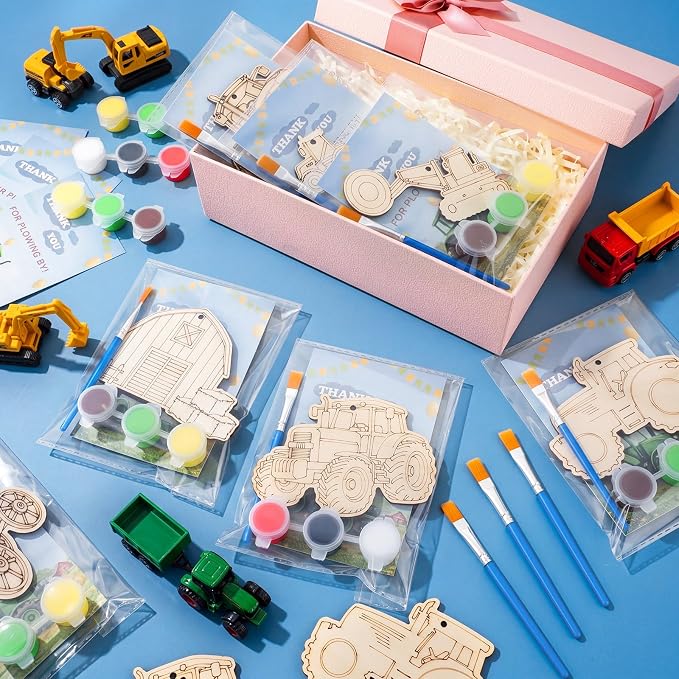 Saypacck 24 Pcs Tractor Farm Party Favors Wooden Paint Craft Kits | Farm Tractor Painting Toy with Brush Paints, Party Decor Goodie Bag Fillers, Organza Bags for Thank You Gifts